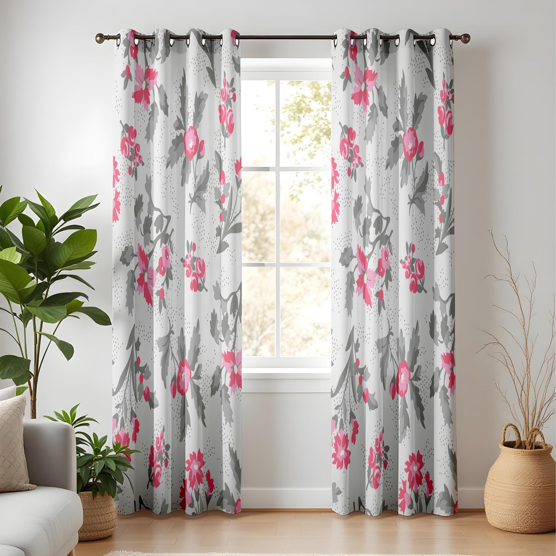 Onay Fuchsia Pink Floral Curtains – Grey and Coral Botanical Drapes