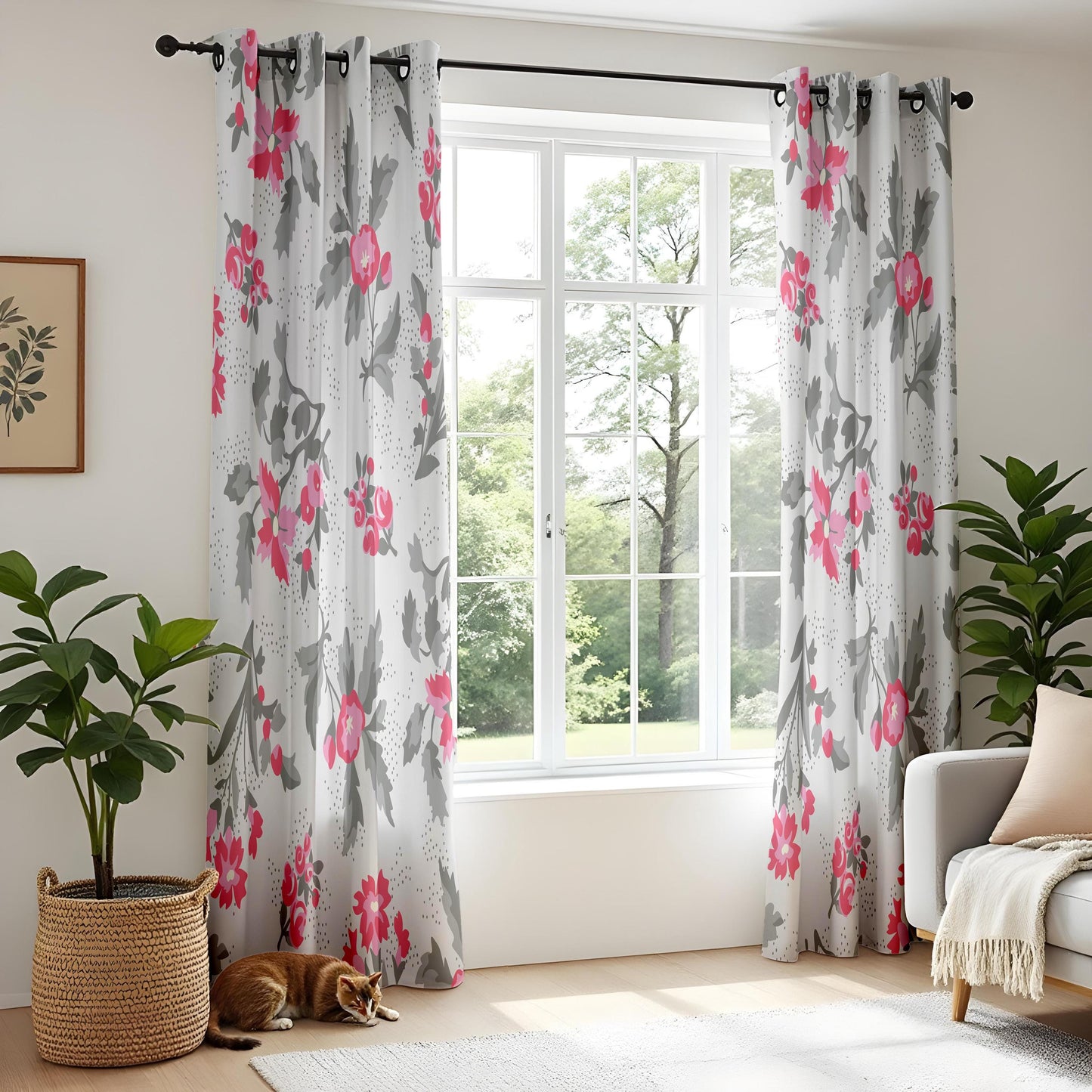 Onay Fuchsia Pink Floral Curtains – Grey and Coral Botanical Drapes