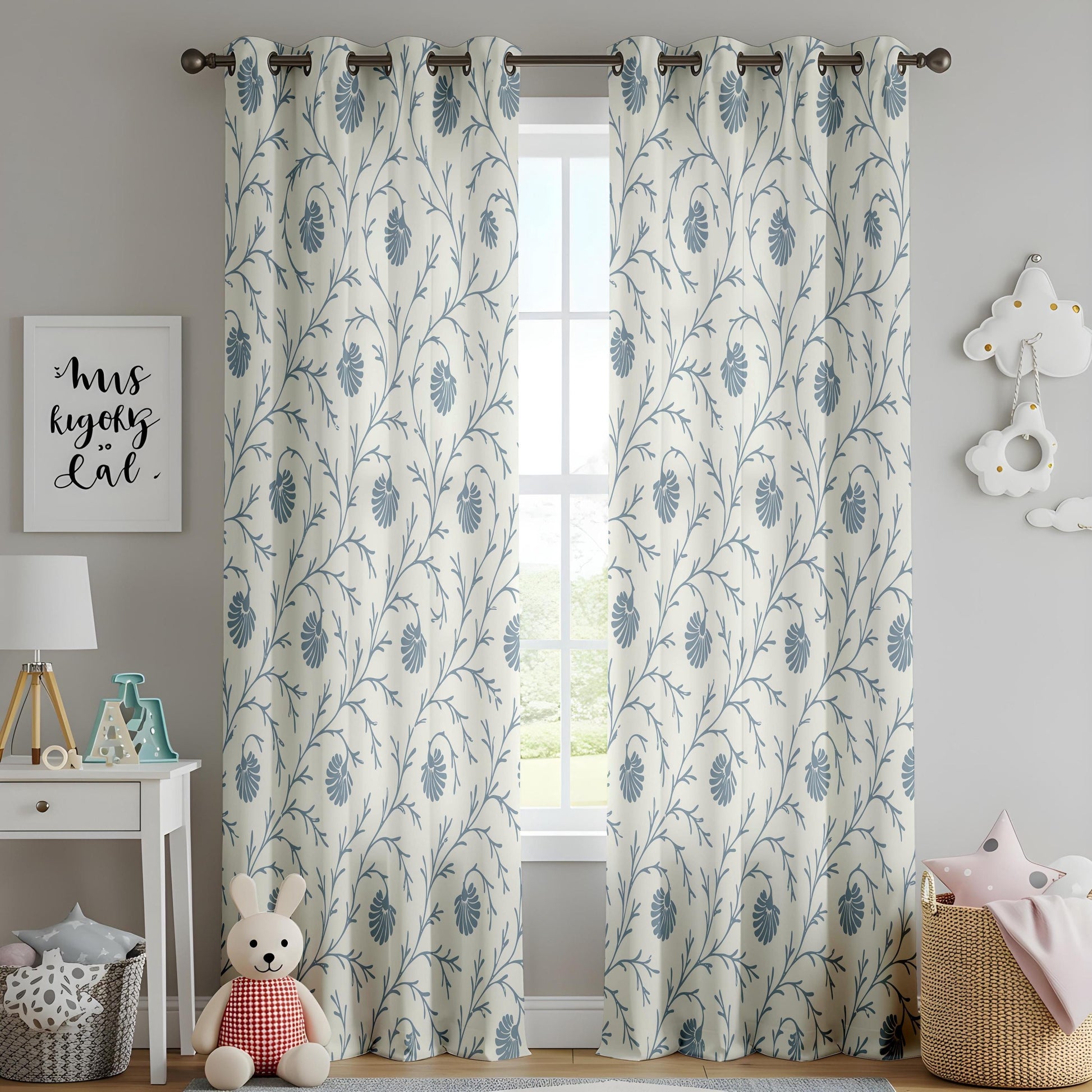 Onay Steel Blue Botanical Curtains – Block Print Style Vine Drapes