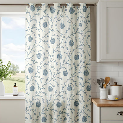 Onay Steel Blue Botanical Curtains – Block Print Style Vine Drapes