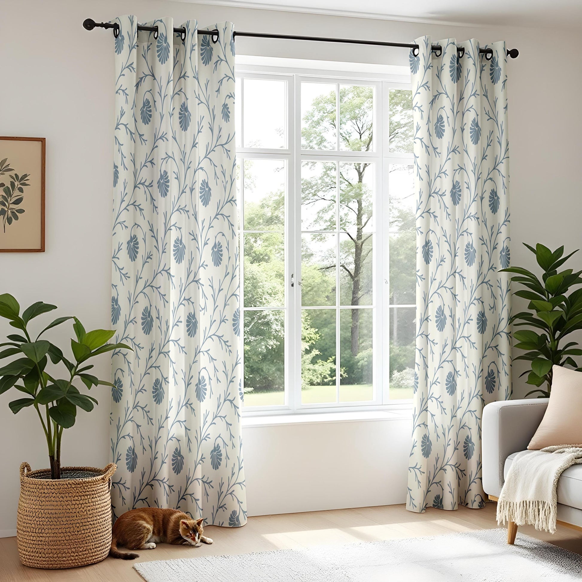 Onay Steel Blue Botanical Curtains – Block Print Style Vine Drapes