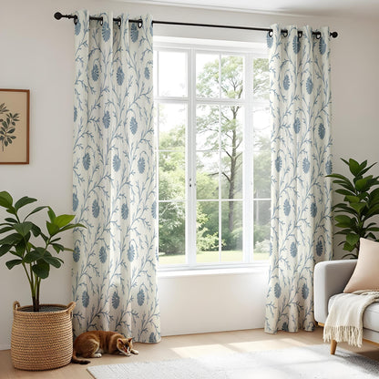 Onay Steel Blue Botanical Curtains – Block Print Style Vine Drapes