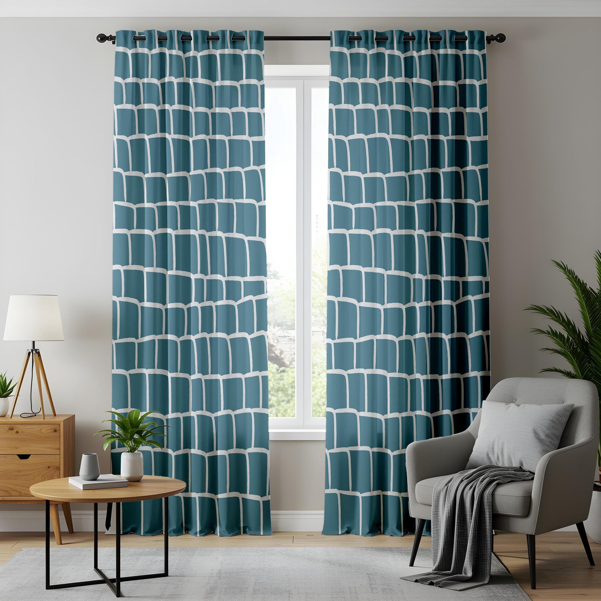 Onay Abstract Teal Grid Curtains – Teal Blue Hand-Drawn Geometric Drapes