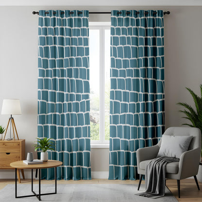 Onay Abstract Teal Grid Curtains – Teal Blue Hand-Drawn Geometric Drapes