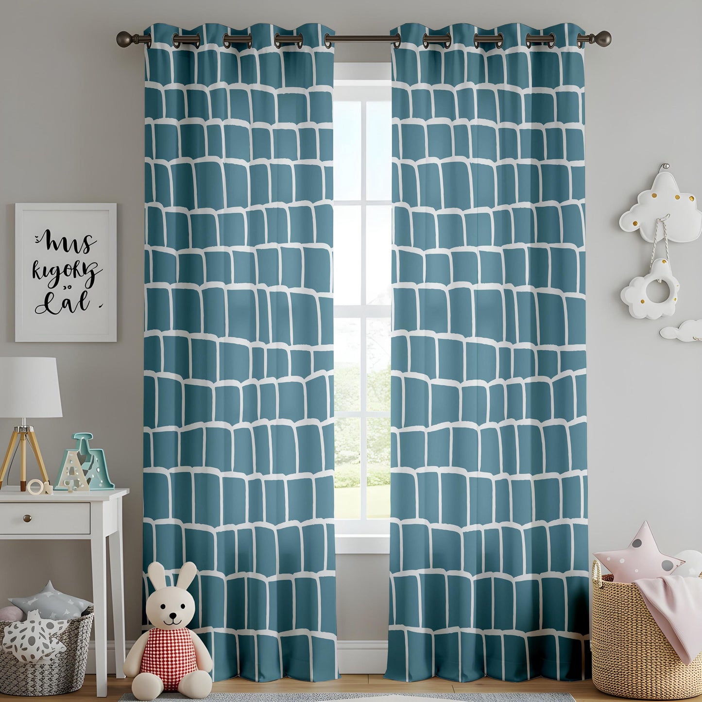 Onay Abstract Teal Grid Curtains – Teal Blue Hand-Drawn Geometric Drapes