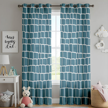 Onay Abstract Teal Grid Curtains – Teal Blue Hand-Drawn Geometric Drapes