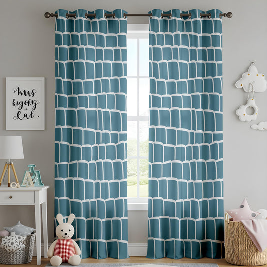 Onay Abstract Teal Grid Curtains – Teal Blue Hand-Drawn Geometric Drapes