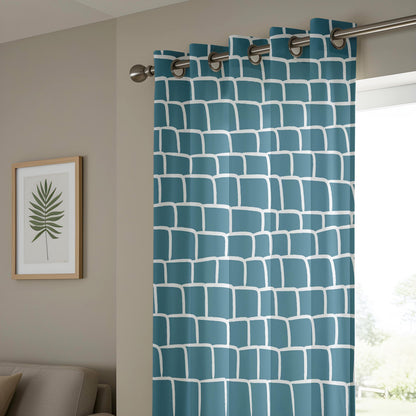 Onay Abstract Teal Grid Curtains – Teal Blue Hand-Drawn Geometric Drapes