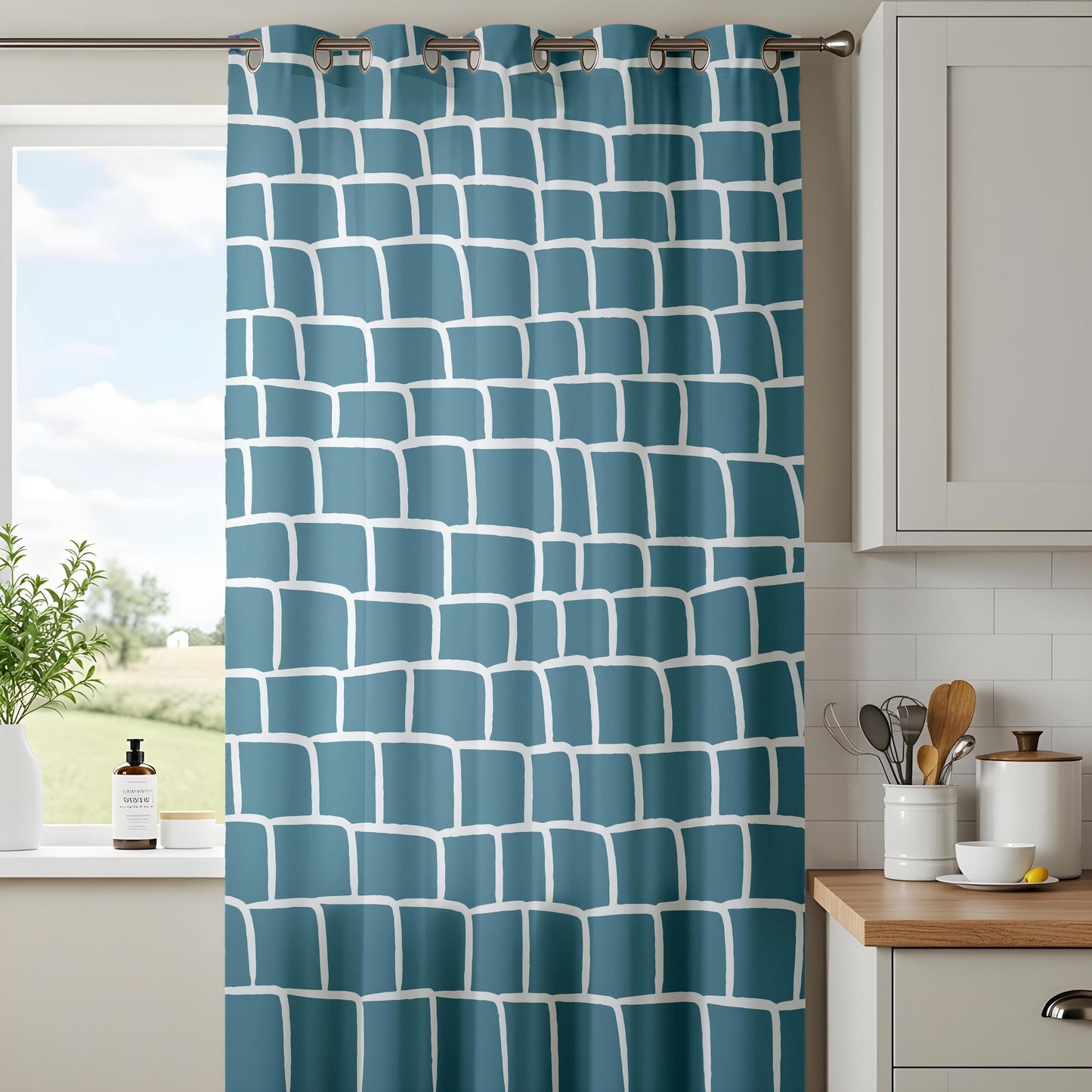 Onay Abstract Teal Grid Curtains – Teal Blue Hand-Drawn Geometric Drapes