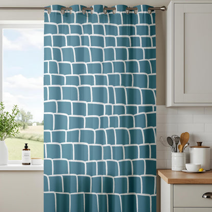 Onay Abstract Teal Grid Curtains – Teal Blue Hand-Drawn Geometric Drapes