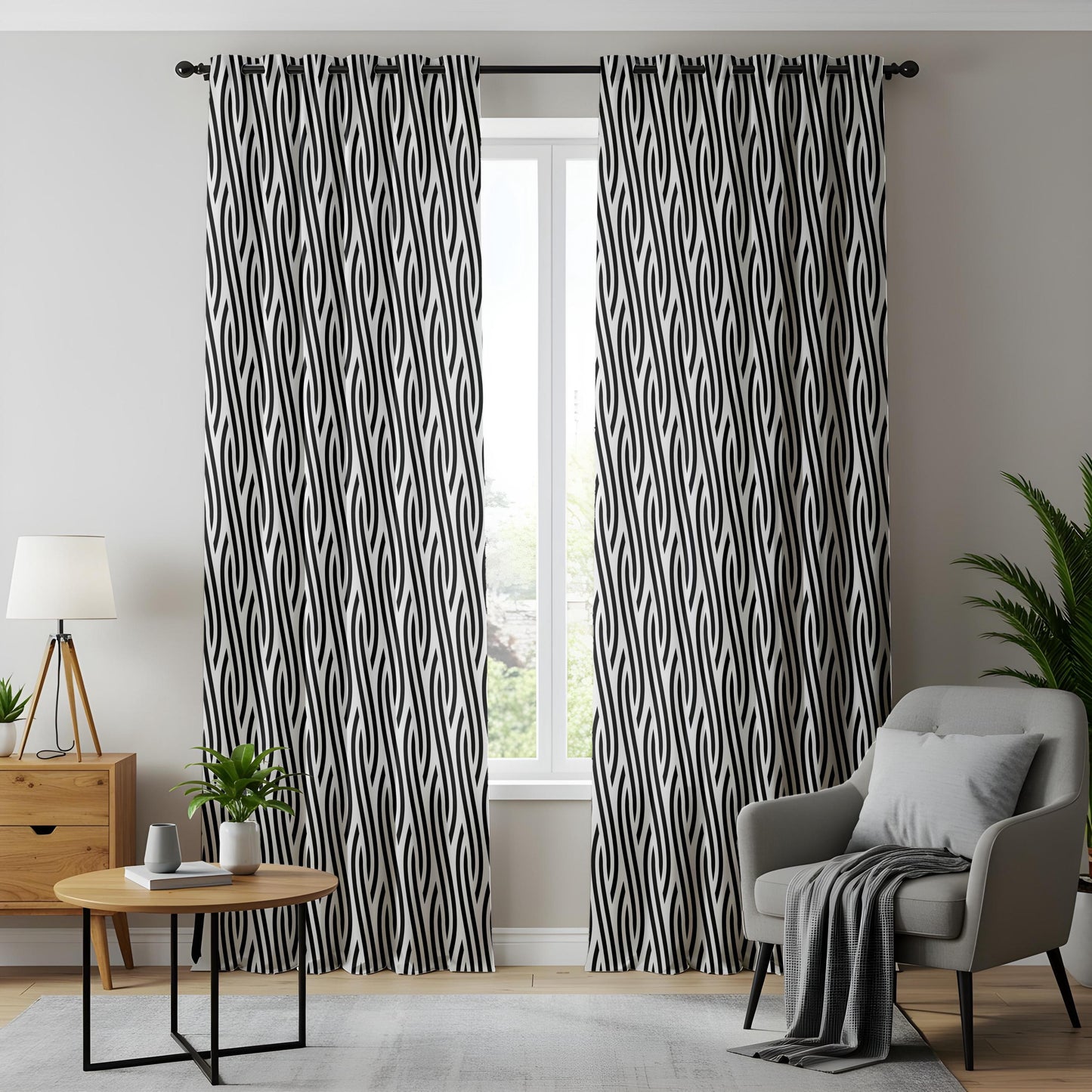 Onay Black White Geometric Curtains – Abstract Wave Pattern Drapes