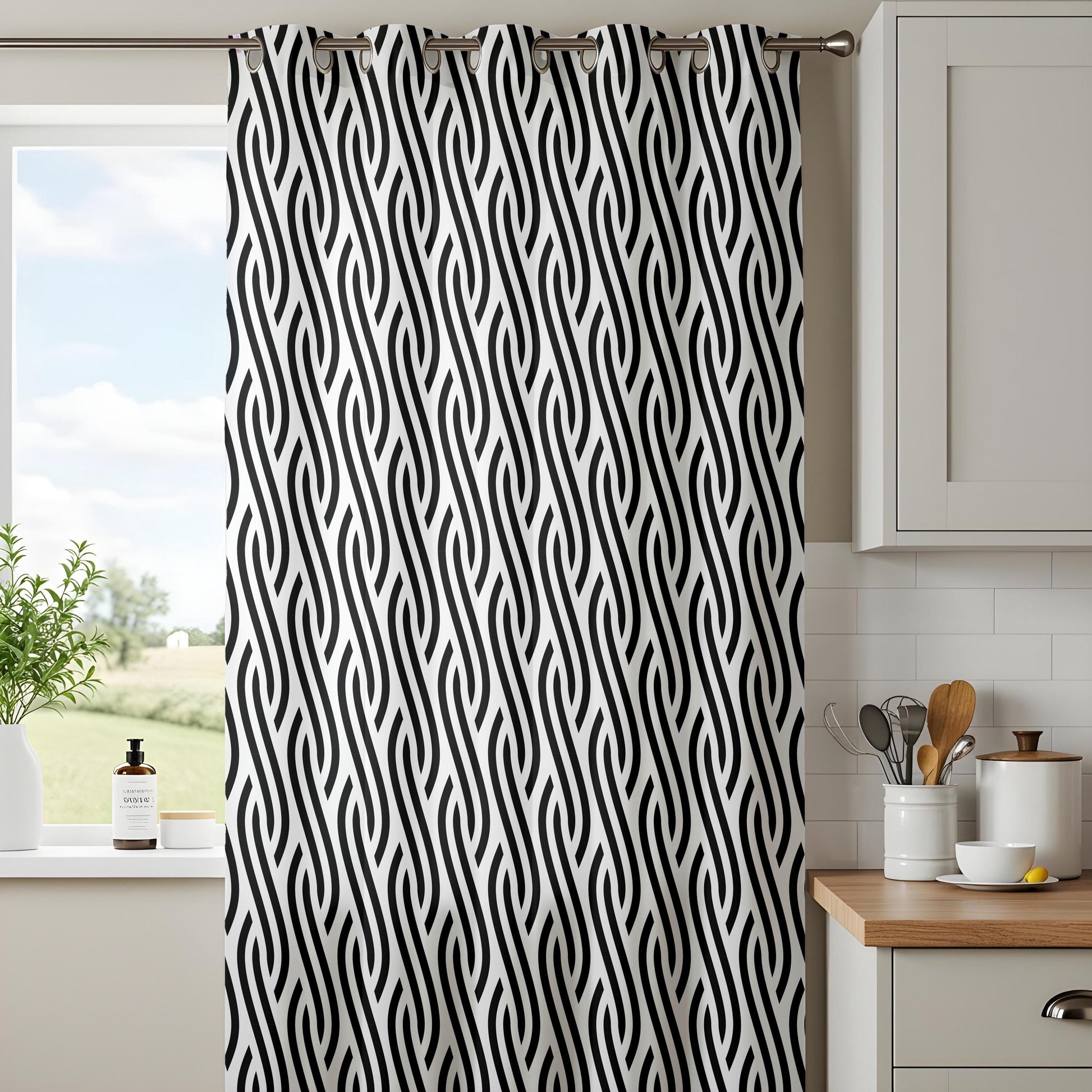 Onay Black White Geometric Curtains – Abstract Wave Pattern Drapes