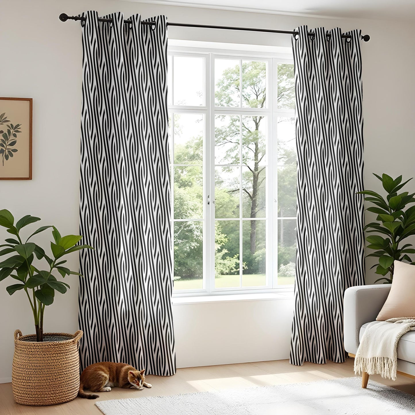 Onay Black White Geometric Curtains – Abstract Wave Pattern Drapes