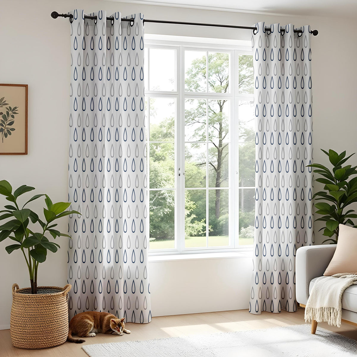 Onay Navy Blue Raindrop Curtains – Geometric Drop Pattern Drapes