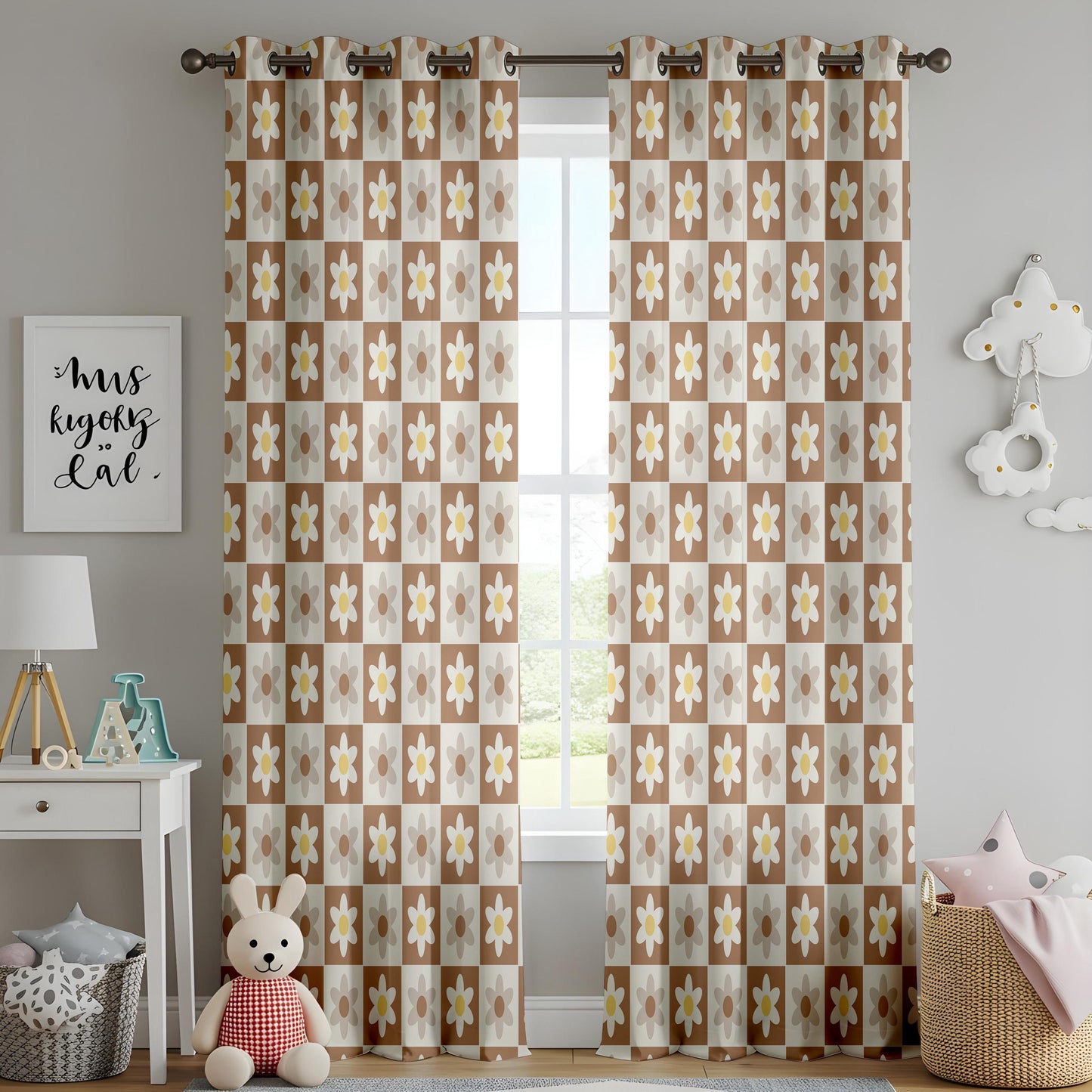 Onay Retro Daisy Curtains – Brown Checkered Floral Drapes