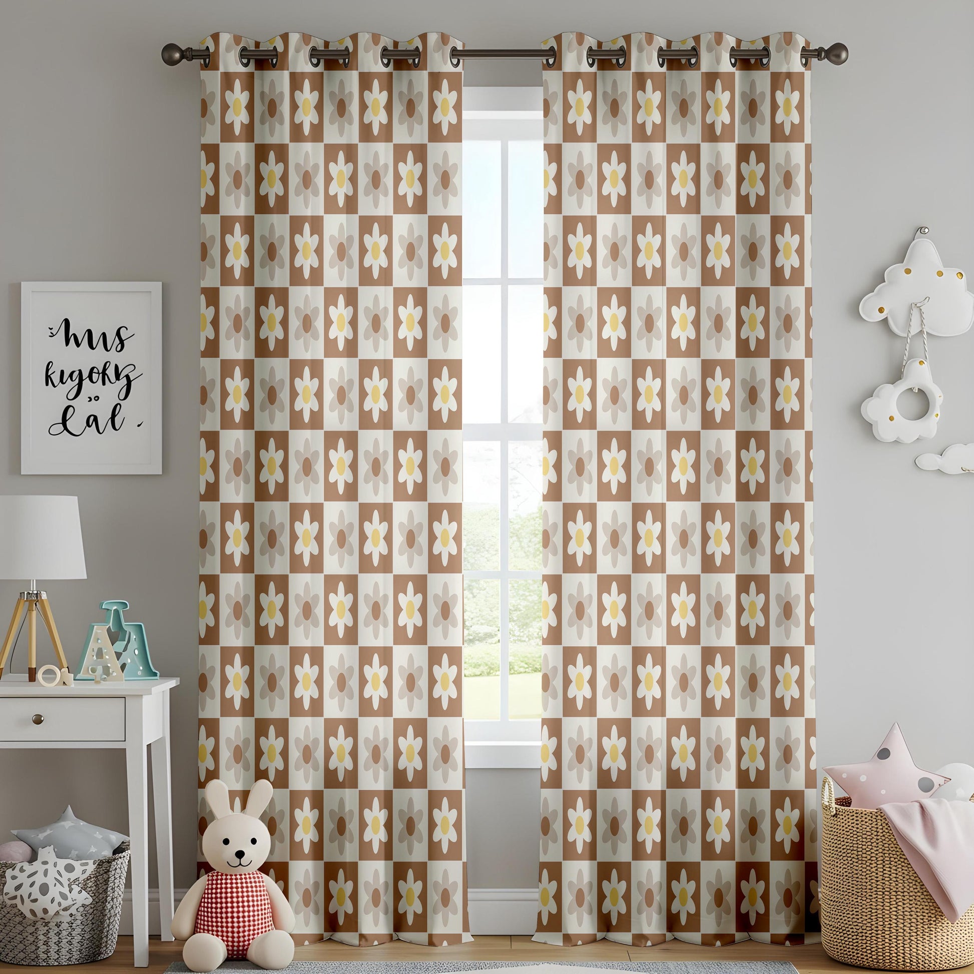 Onay Retro Daisy Curtains – Brown Checkered Floral Drapes