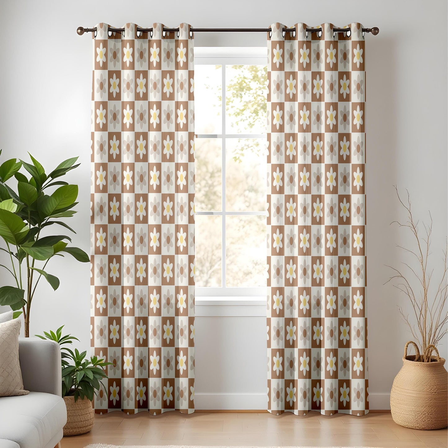 Onay Retro Daisy Curtains – Brown Checkered Floral Drapes