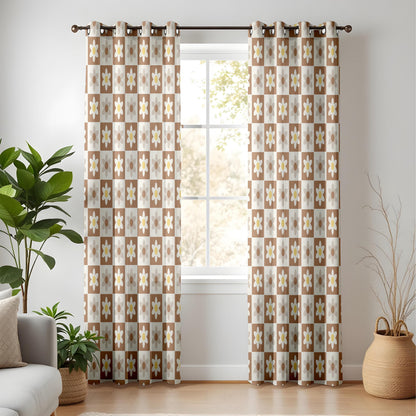 Onay Retro Daisy Curtains – Brown Checkered Floral Drapes