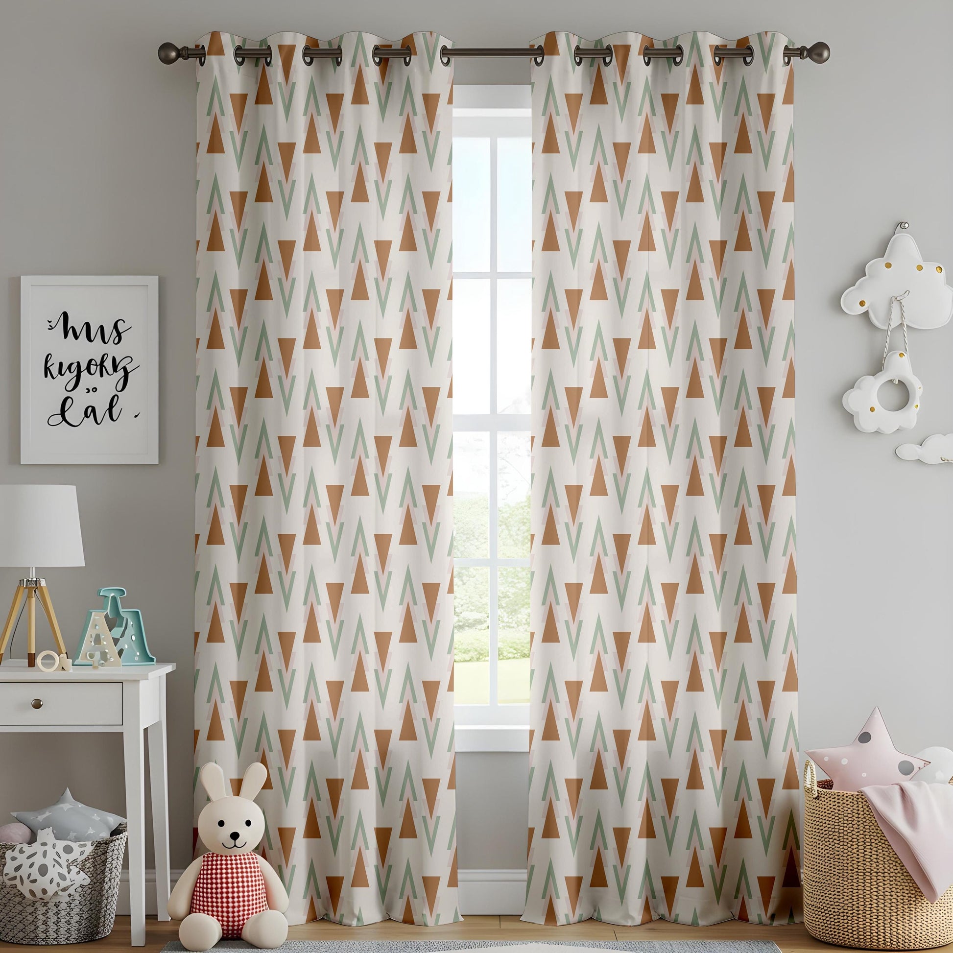 Onay Geometric Triangle Curtains – Terracotta Sage Nursery Drapes