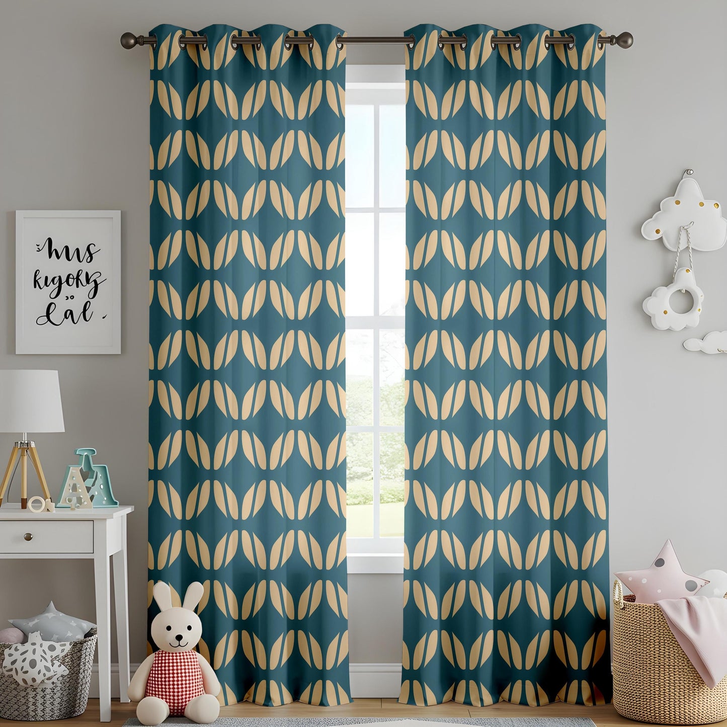 Onay Teal Gold Geometric Curtains – Mid Century Tile Pattern Drapes