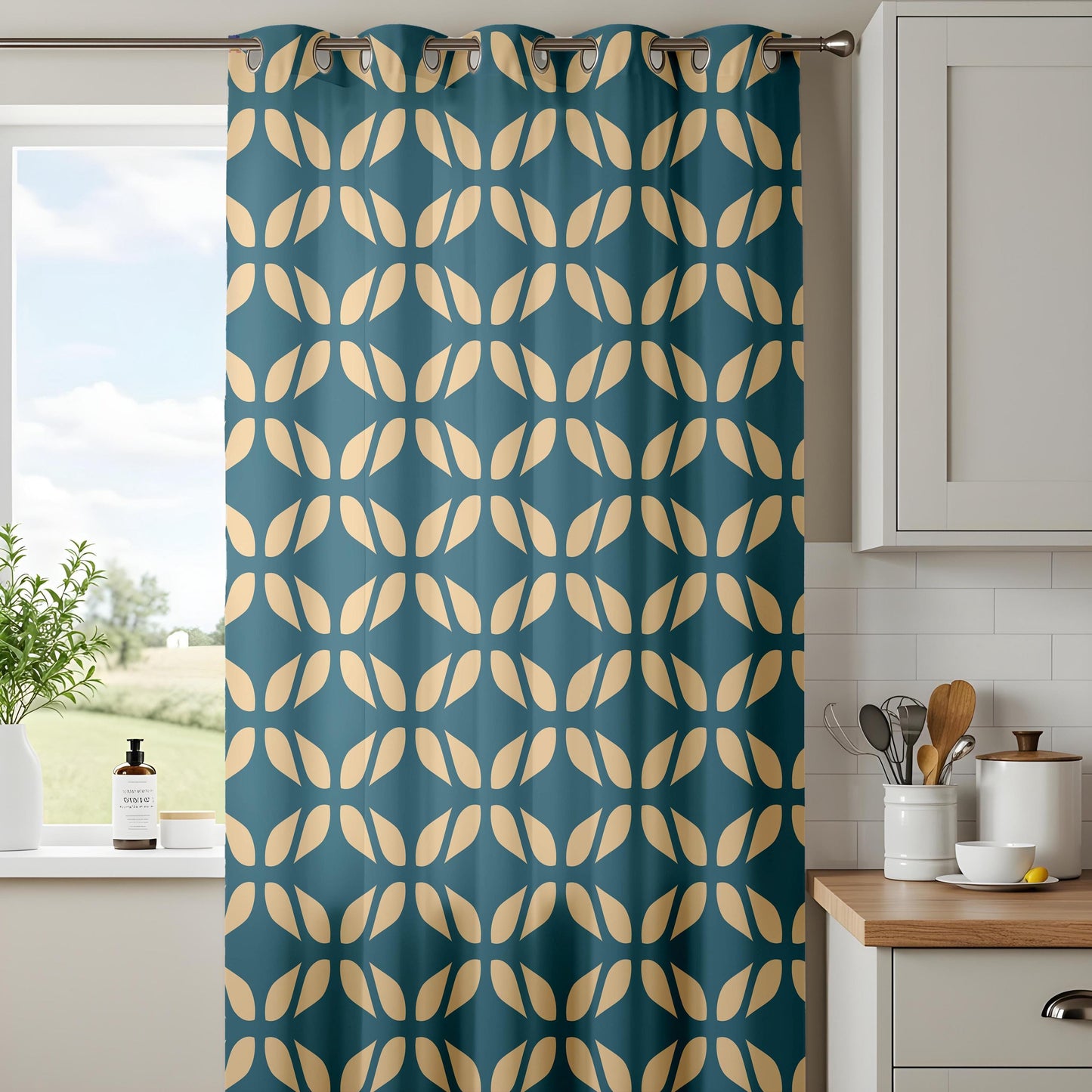 Onay Teal Gold Geometric Curtains – Mid Century Tile Pattern Drapes
