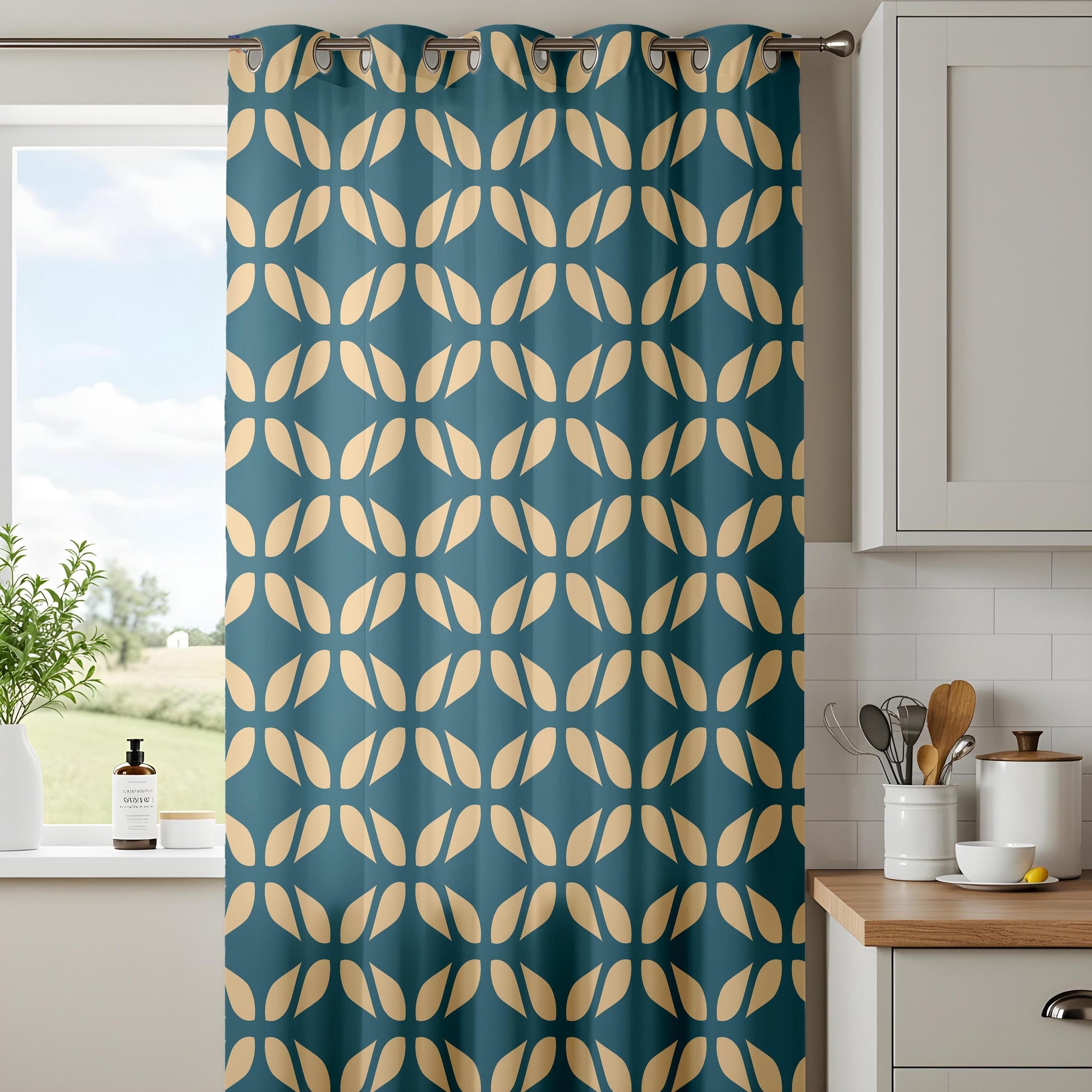 Onay Teal Gold Geometric Curtains – Mid Century Tile Pattern Drapes