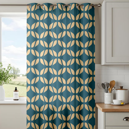 Onay Teal Gold Geometric Curtains – Mid Century Tile Pattern Drapes