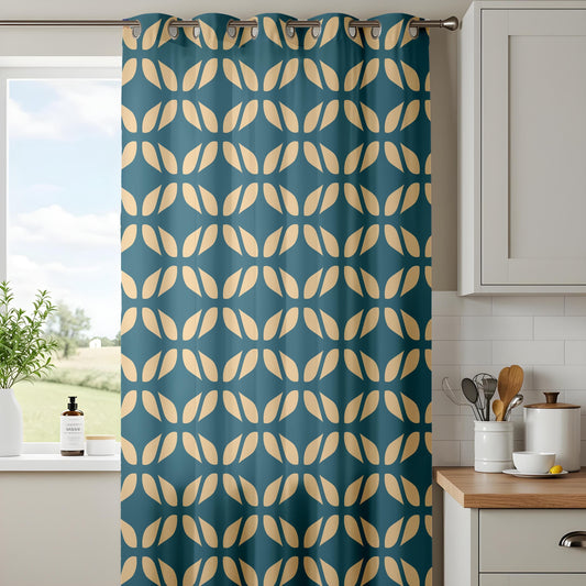 Onay Teal Gold Geometric Curtains – Mid Century Tile Pattern Drapes