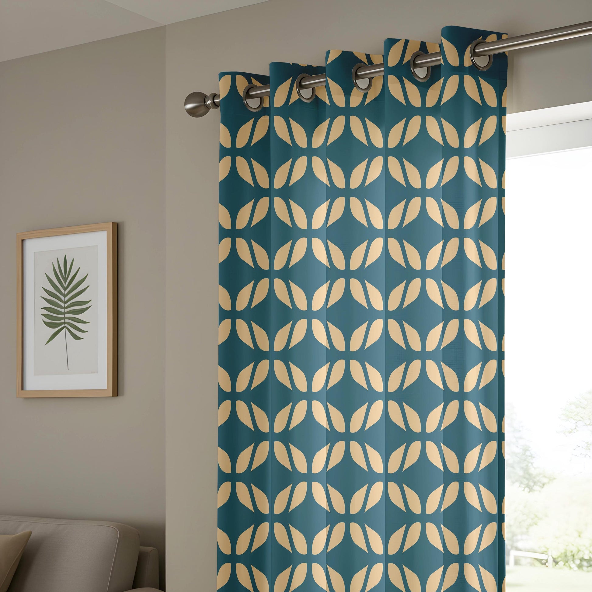 Onay Teal Gold Geometric Curtains – Mid Century Tile Pattern Drapes