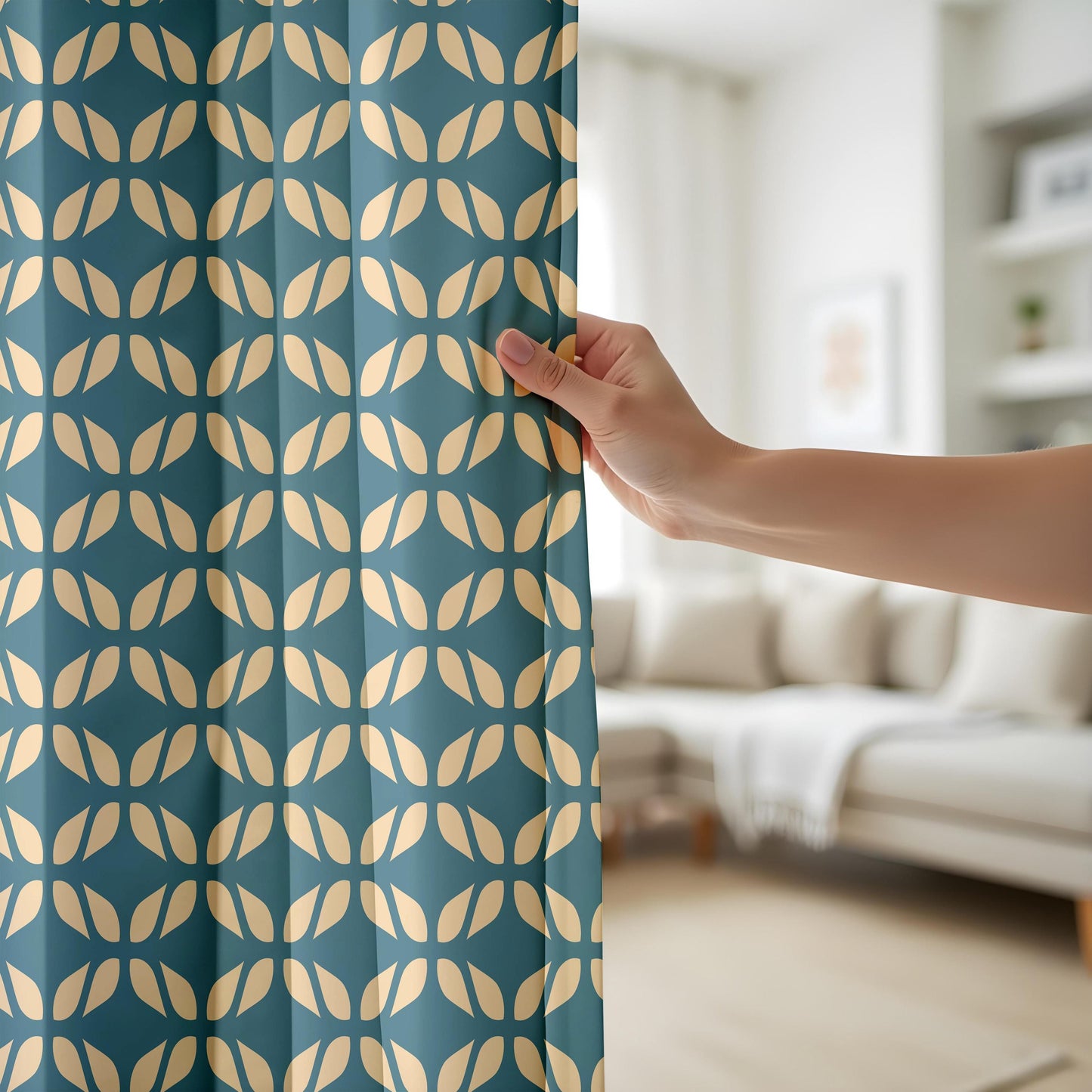Onay Teal Gold Geometric Curtains – Mid Century Tile Pattern Drapes