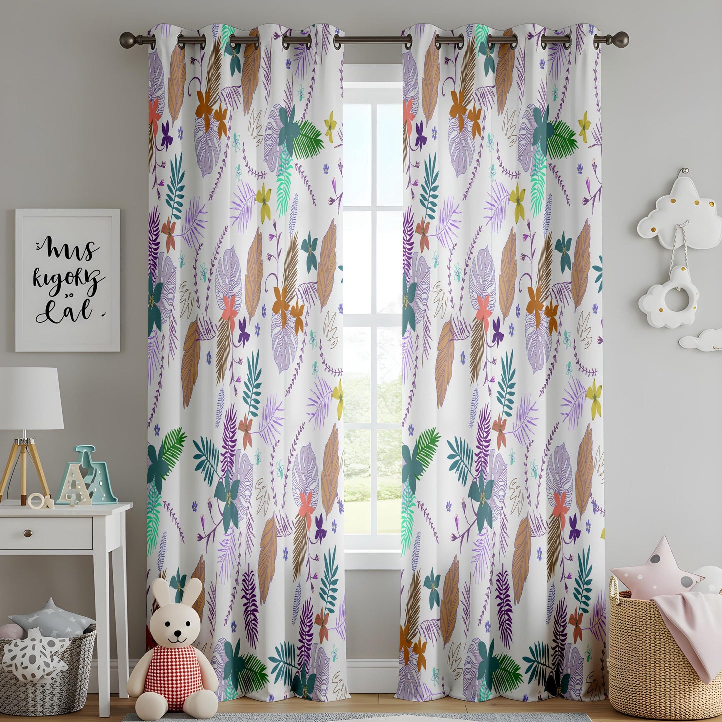 Onay Boho Feather Leaf Curtains – Colourful Bohemian Kids Drapes
