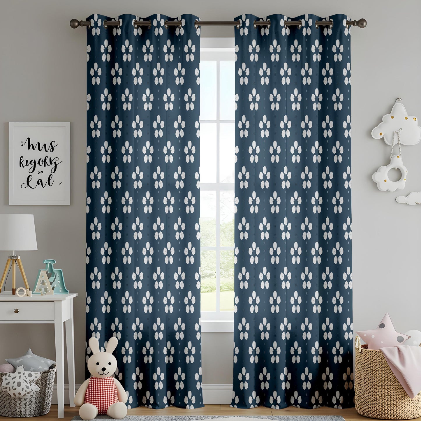 Onay Navy Fleur de Lis Curtains – Classic Pattern Kids Room Drapes