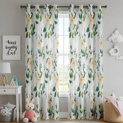 Onay Botanical Stem Curtains – Green Yellow Floral Kids Room Drapes