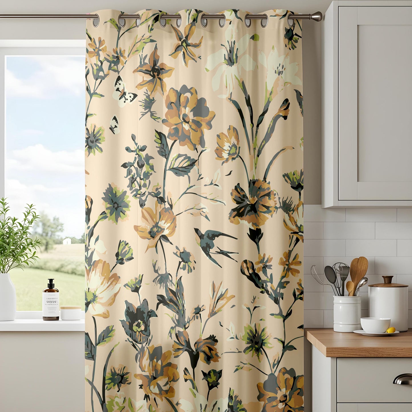 Onay Yellow Teal Floral Curtains – Large Botanical Print Window Drapes