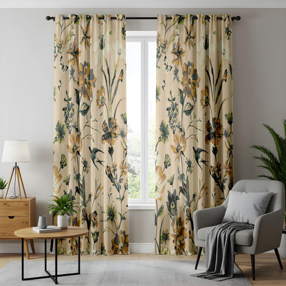 Onay Yellow Teal Floral Curtains – Large Botanical Print Window Drapes