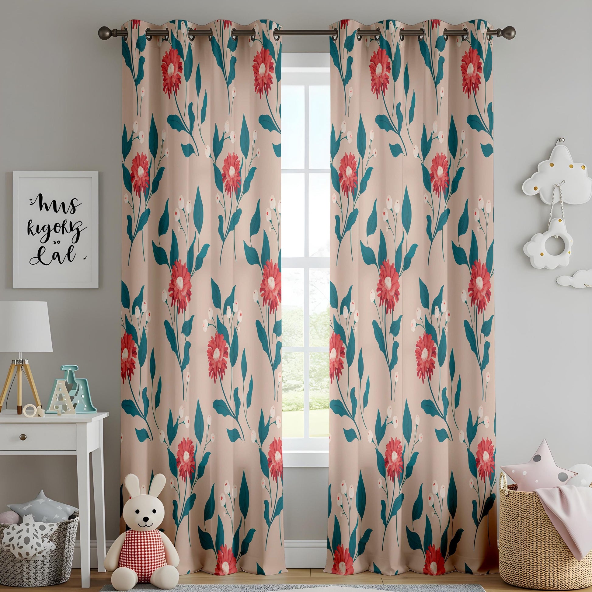 Onay Red Gerbera Curtains – Botanical Daisy Print Window Drapes