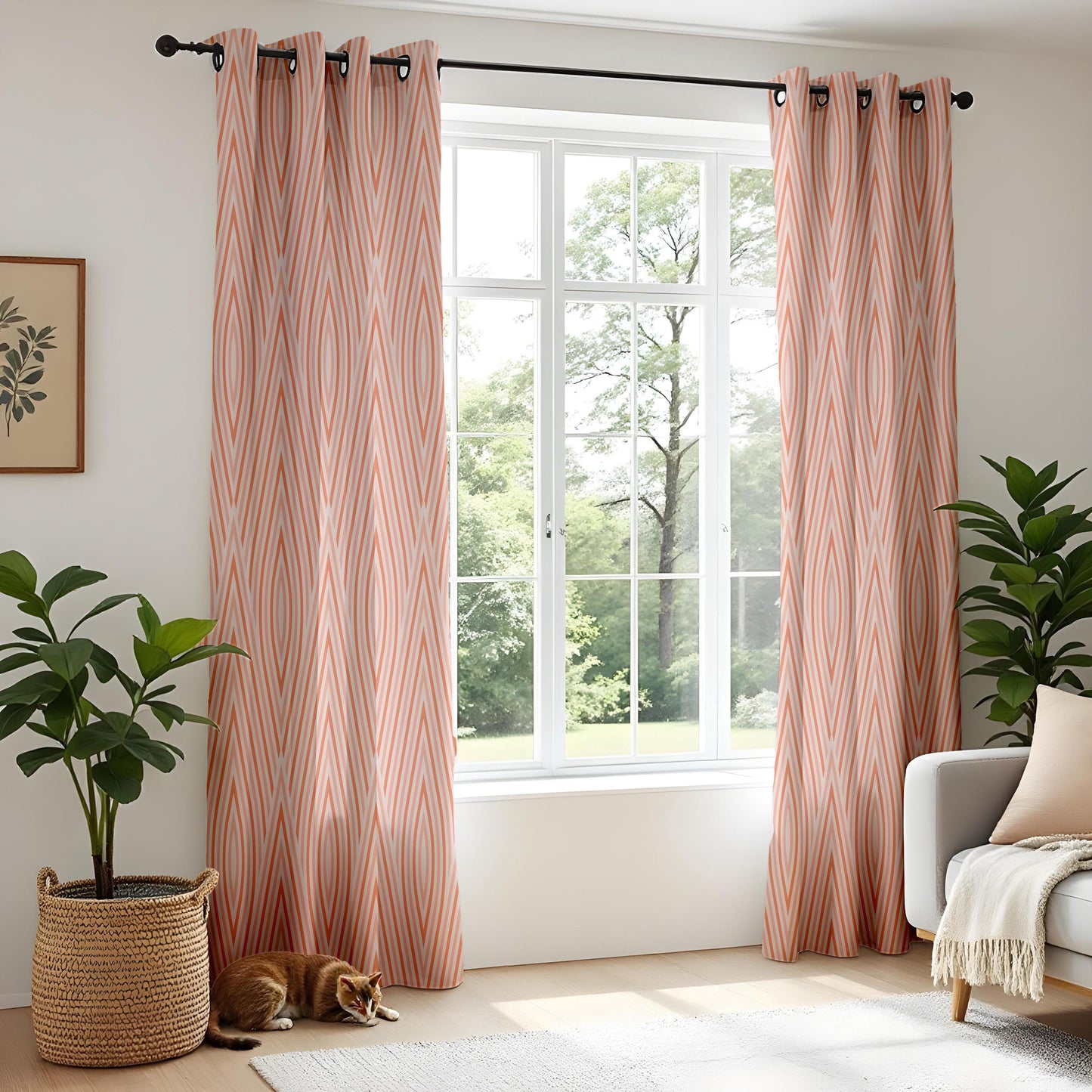 Onay Orange Grey Wave Curtains – Modern Ogee Stripe Kids Room Drapes