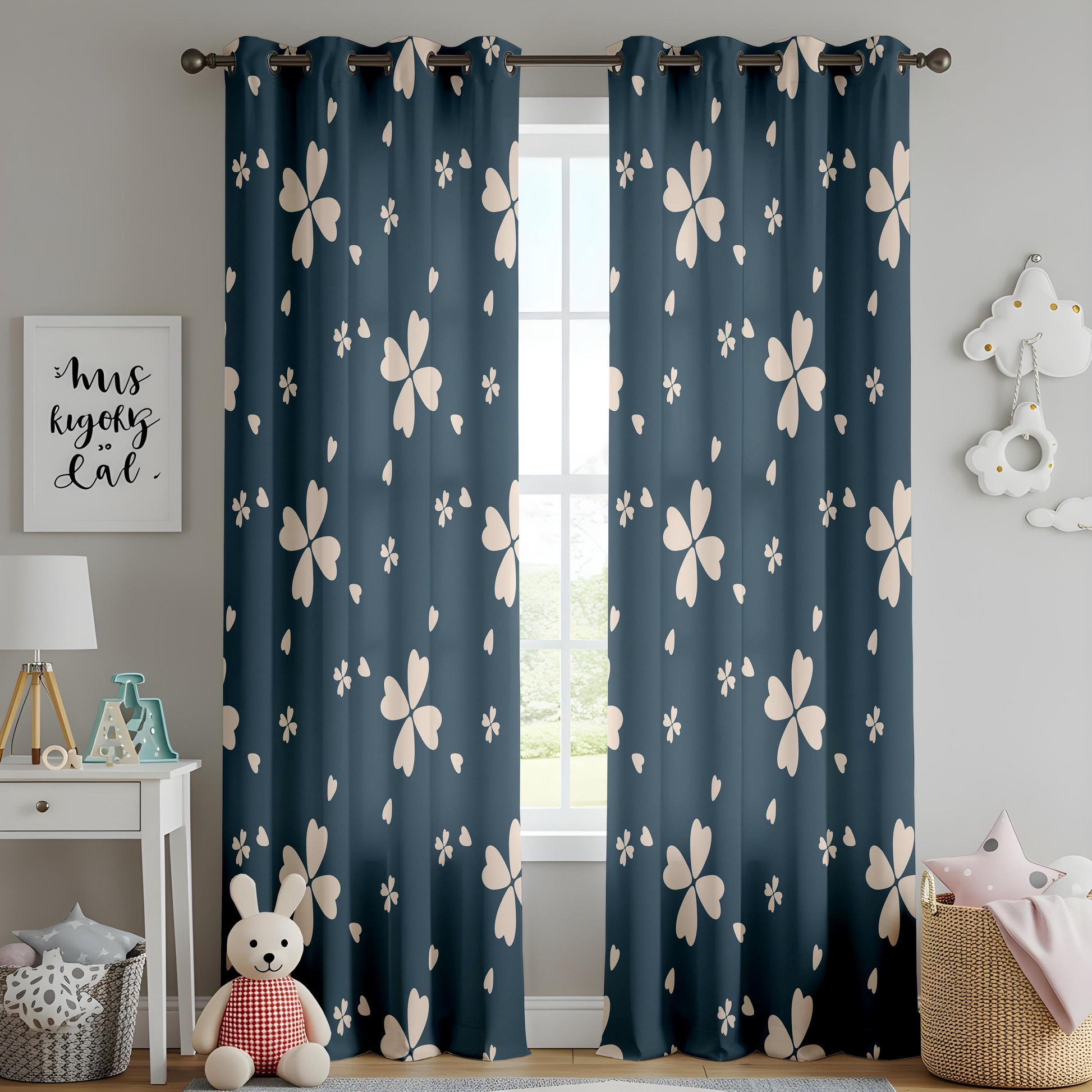 Onay Navy Clover Curtains – Four Leaf Floral Kids Nursery Drapes