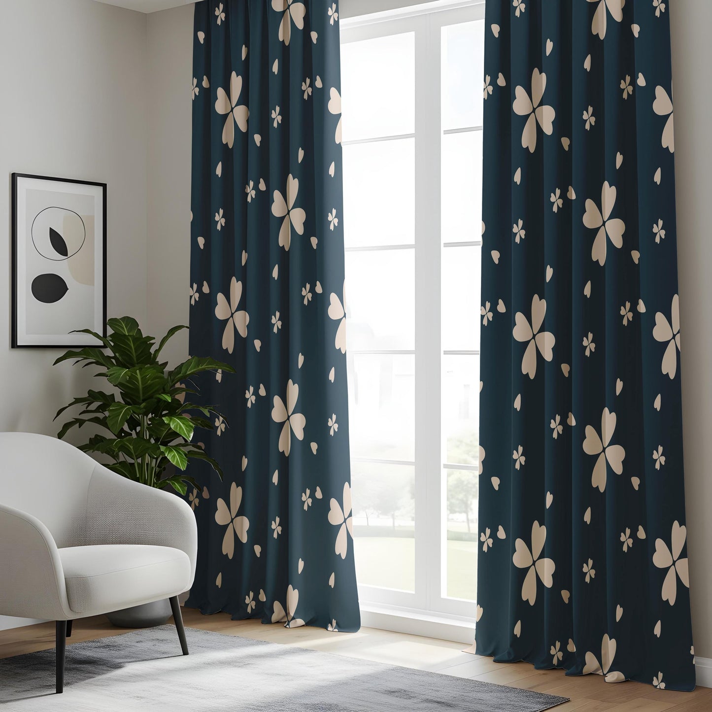 Onay Navy Clover Curtains – Four Leaf Floral Kids Nursery Drapes