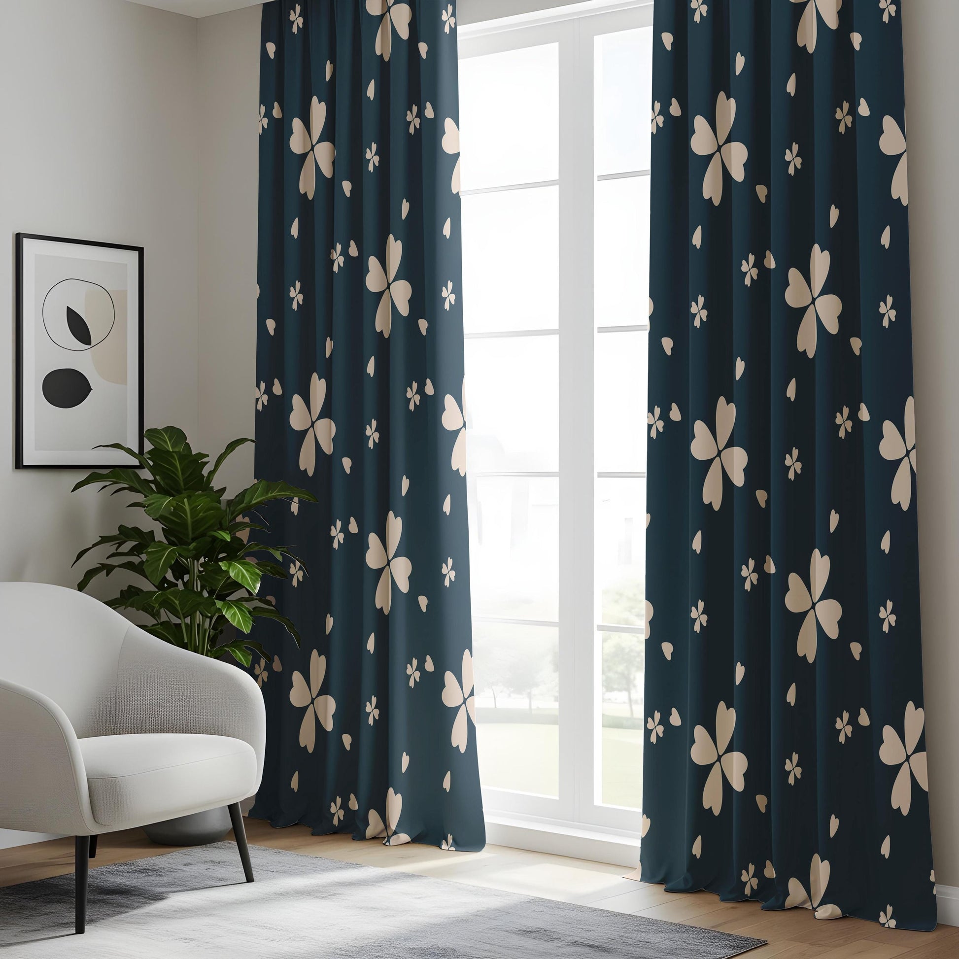 Onay Navy Clover Curtains – Four Leaf Floral Kids Nursery Drapes