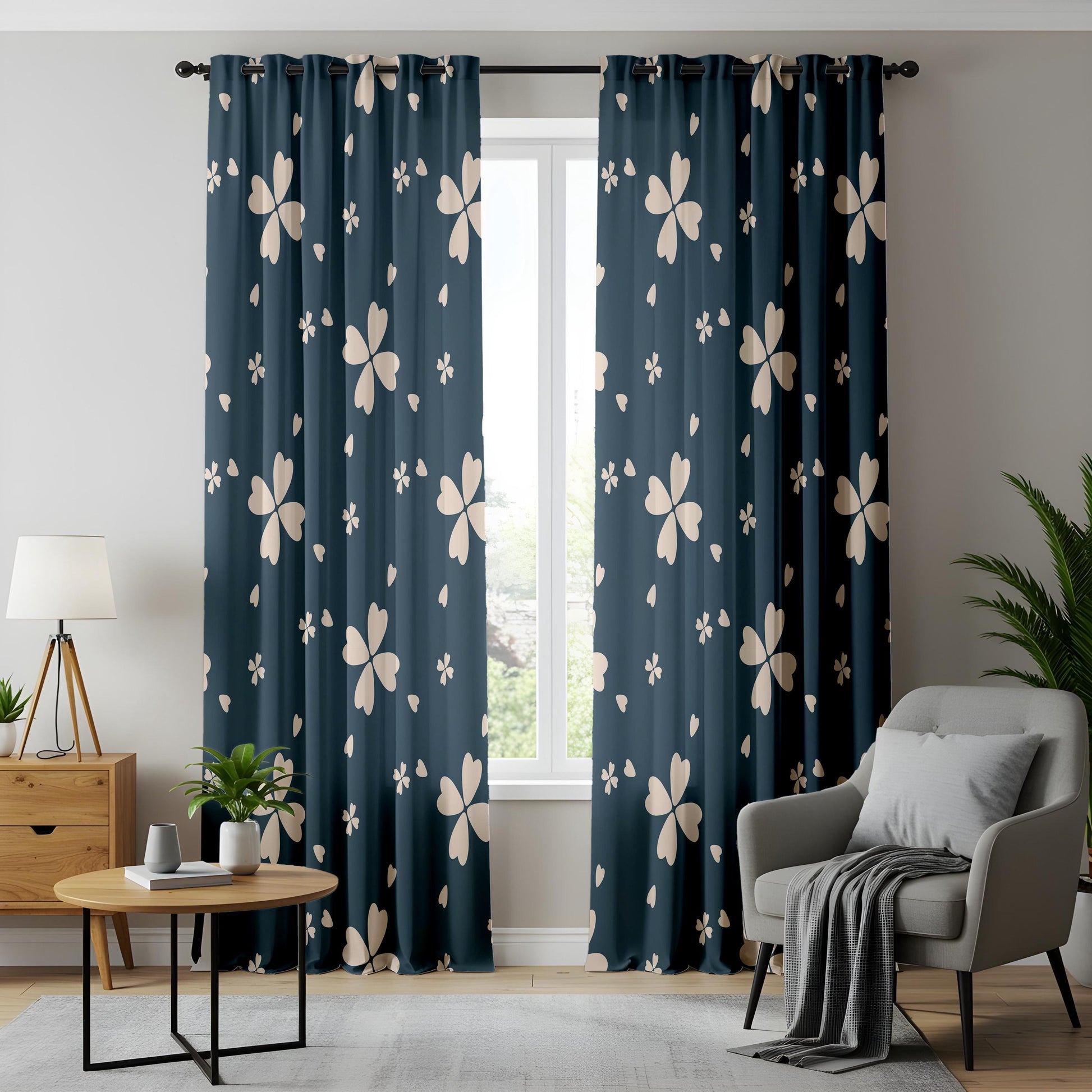 Onay Navy Clover Curtains – Four Leaf Floral Kids Nursery Drapes