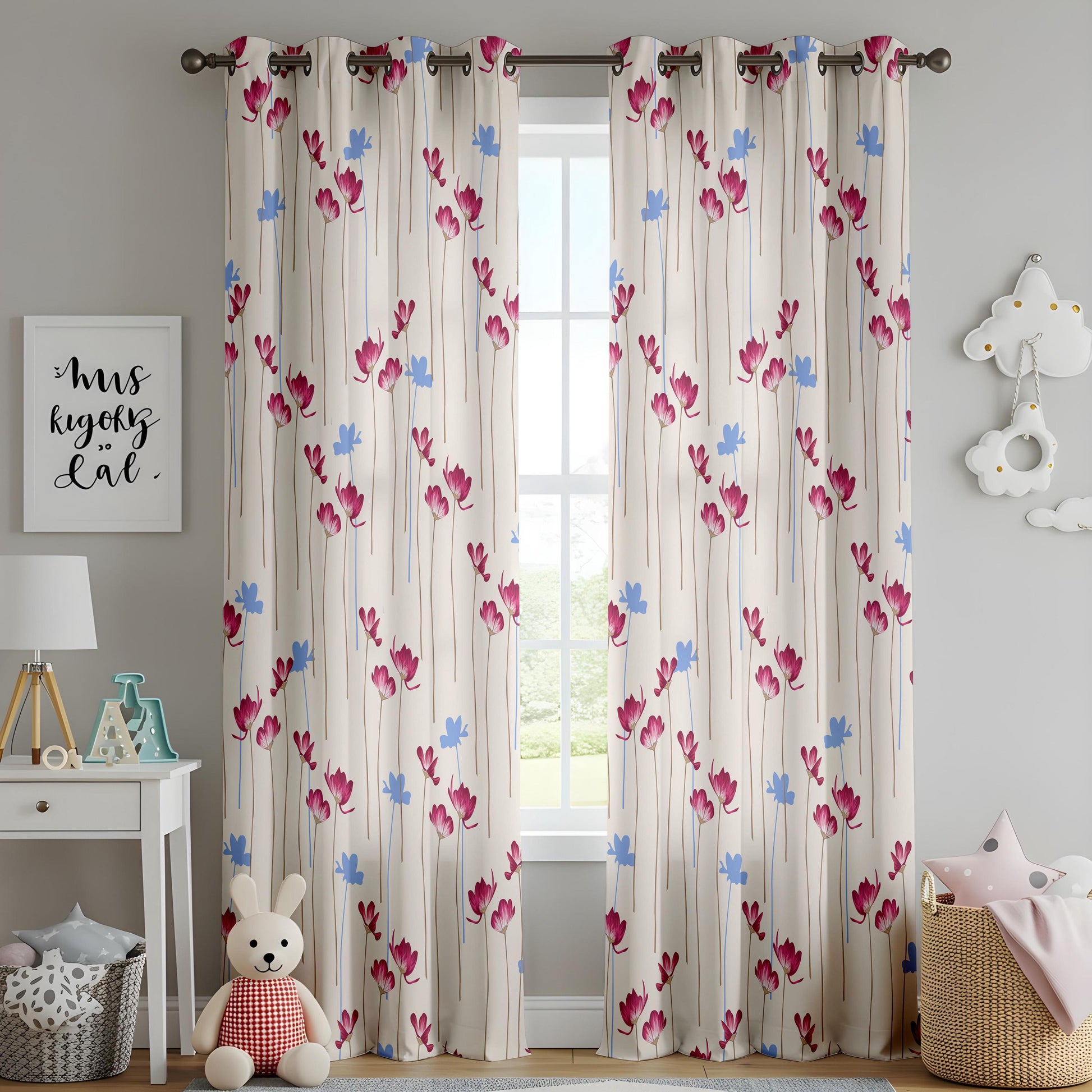 Onay Pink Blue Floral Curtains – Scattered Flower Nursery Drapes