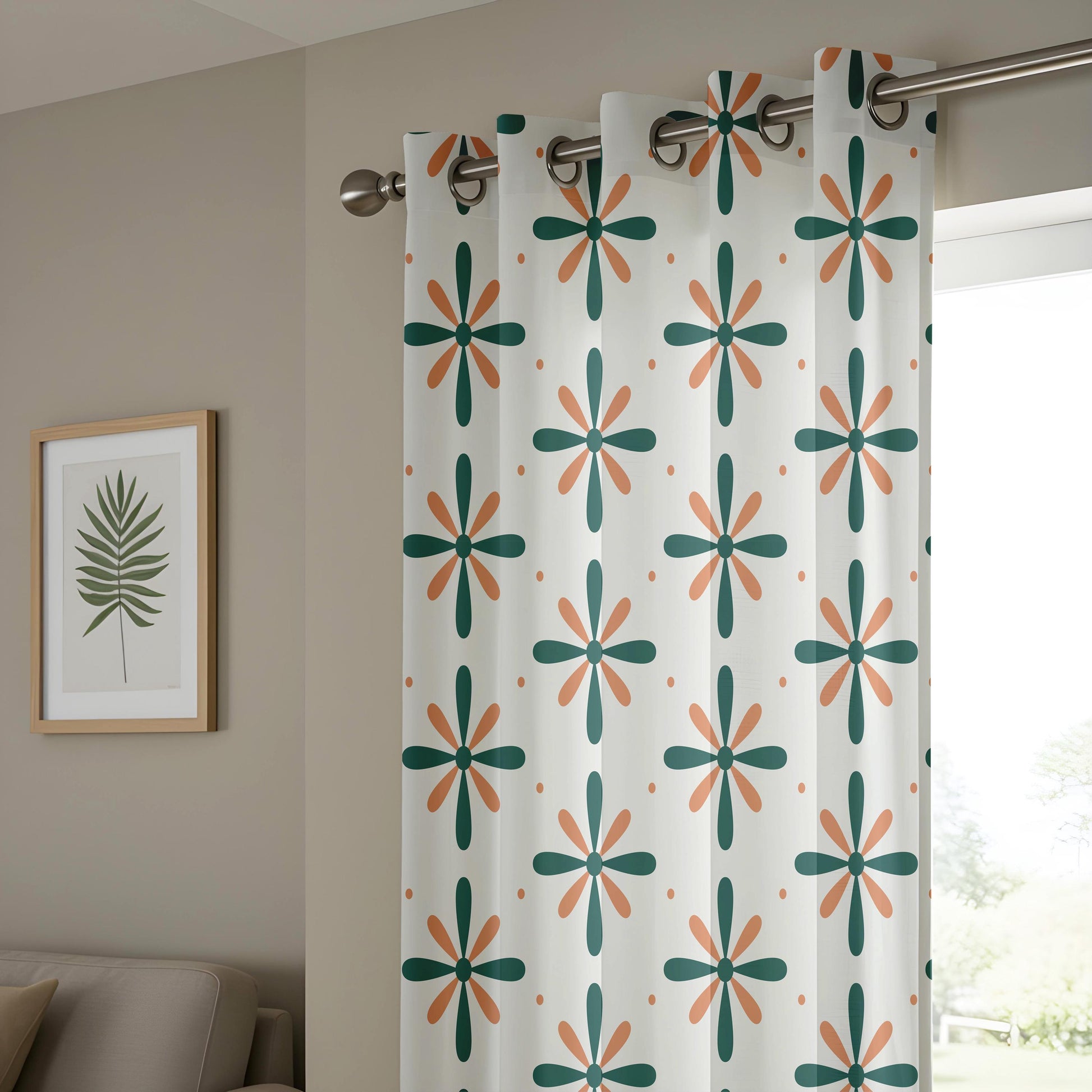 Onay Teal Orange Pinwheel Curtains – Retro Floral Kids Room Drapes