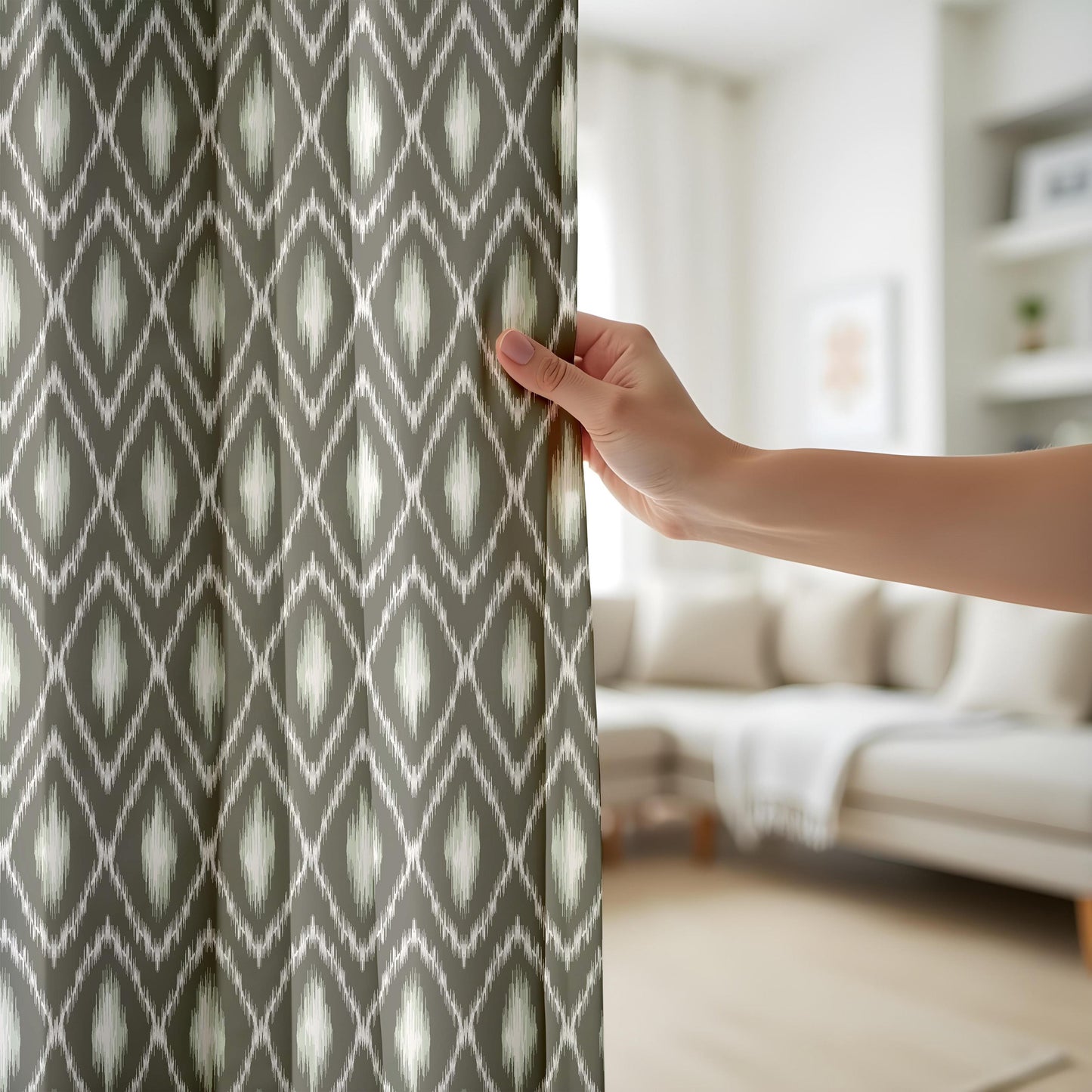 Onay Grey Ikat Curtains – Boho Ogee Pattern Modern Window Drapes