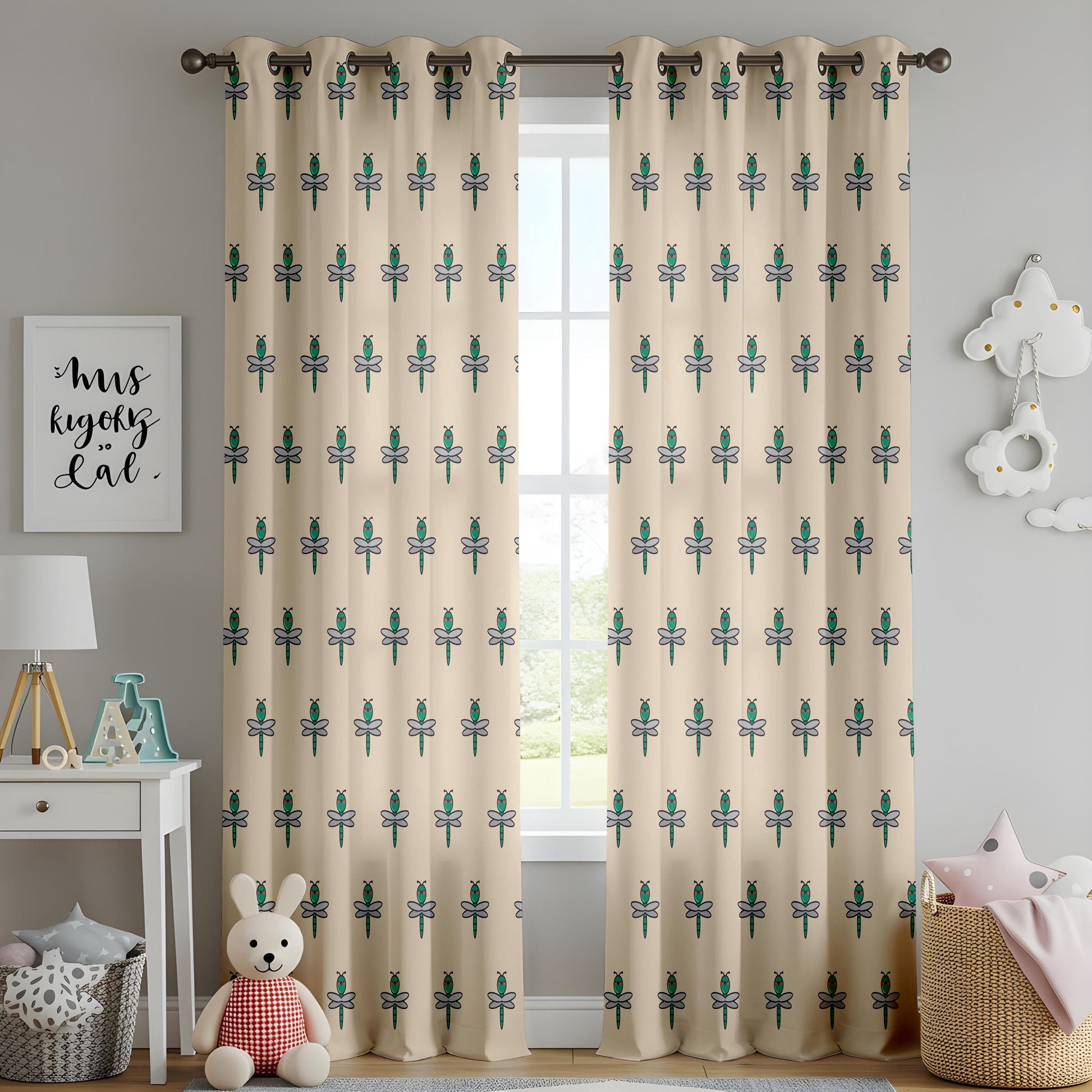 Onay Dragonfly Print Curtains – Teal Nature Kids Nursery Drapes