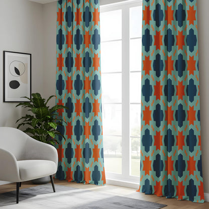 Onay Moroccan Tile Curtains – Teal Orange Aztec Boho Window Drapes
