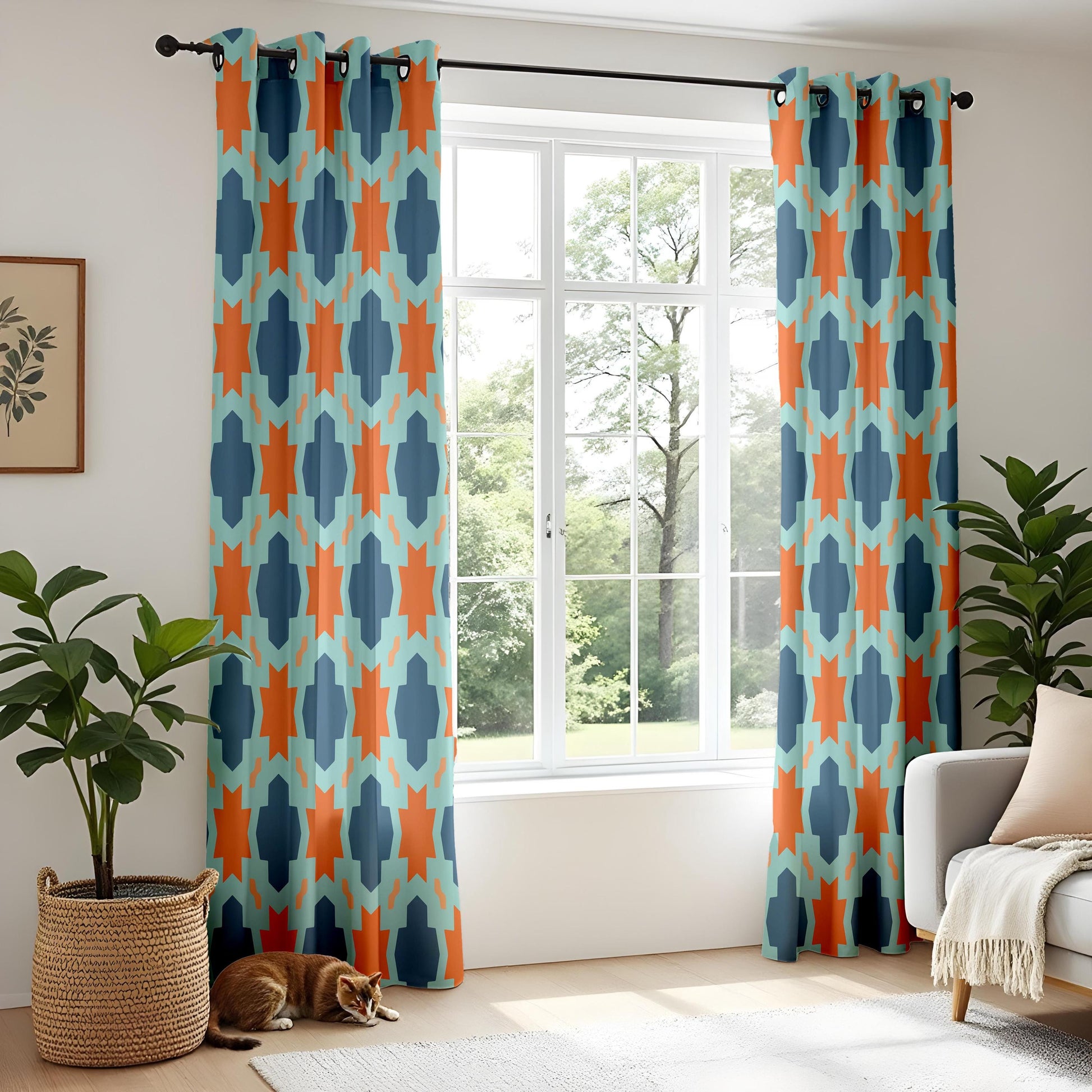 Onay Moroccan Tile Curtains – Teal Orange Aztec Boho Window Drapes
