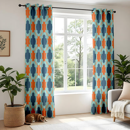 Onay Moroccan Tile Curtains – Teal Orange Aztec Boho Window Drapes
