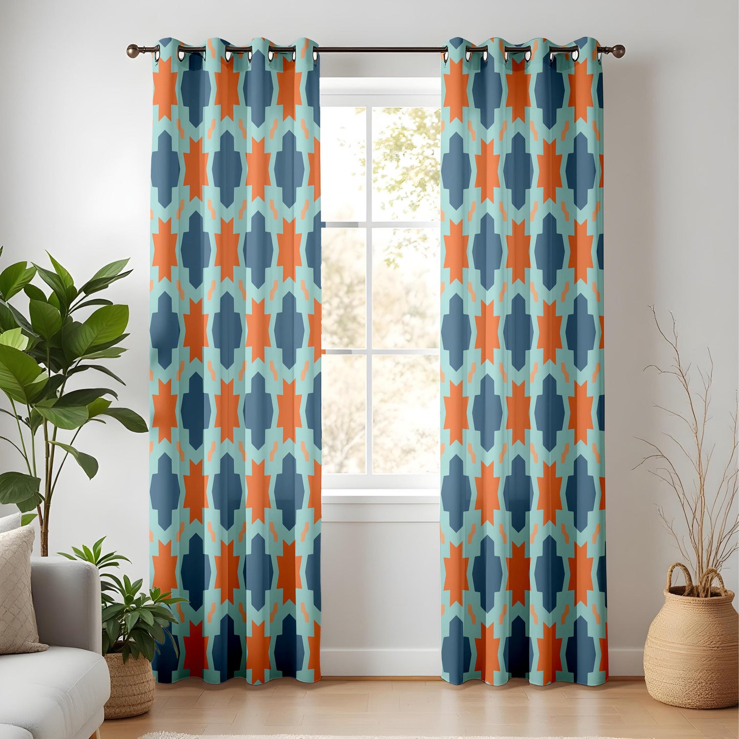 Onay Moroccan Tile Curtains – Teal Orange Aztec Boho Window Drapes