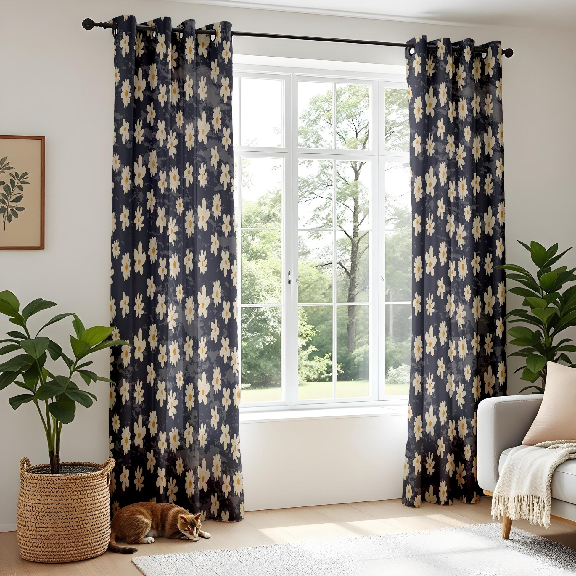 Onay Daisy Floral Curtains – Dark Navy Botanical Window Drapes